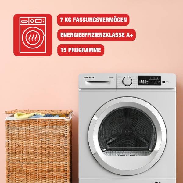 Telefunken Wärmepumpentrockner für 7 kg Wäsche Trockner Frontlader Wäschetrockner mit Knitterschutz leise TWP7EW