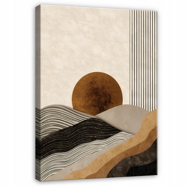 Szene mit abstraktem Gemälde über Esstisch und Stühlen vor einer Ziegelwand