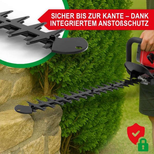 Heckenschere mit integriertem Anstoßschutz für sicheres Schneiden an Kanten und Mauern sowie Symbole für Sicherheit und Schutz.