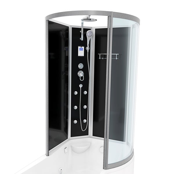 Dampfdusche mit Badewanne, Eckkabine aus Glas mit Massagedüsen, Kopfbrause und Handbrause.