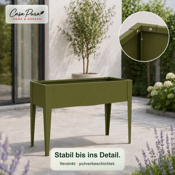 Casa Pura Hochbeet aus Metall auf Beinen für Garten oder Terrasse, mit Detailansicht einer stabilen Eckverbindung.