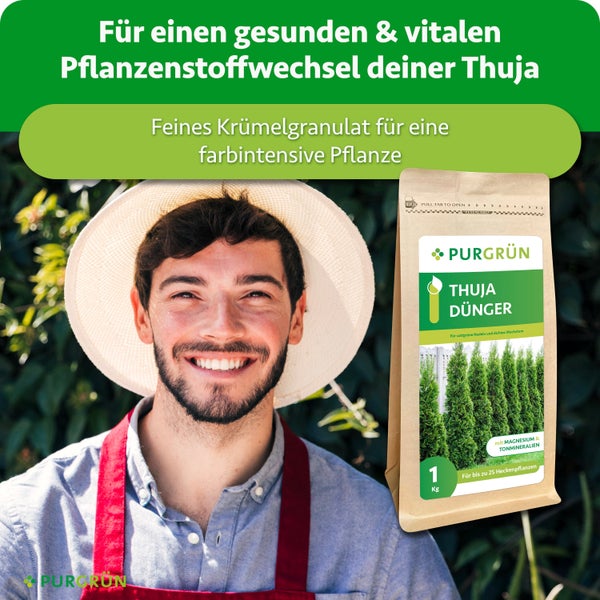 Ein glücklicher Gärtner neben einer Packung Purgrün Thuja Dünger mit einem Gewicht von einem Kilogramm.