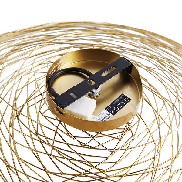 Detailaufnahme einer goldenen Draht-Hängeleuchte mit schwarzer Halterung