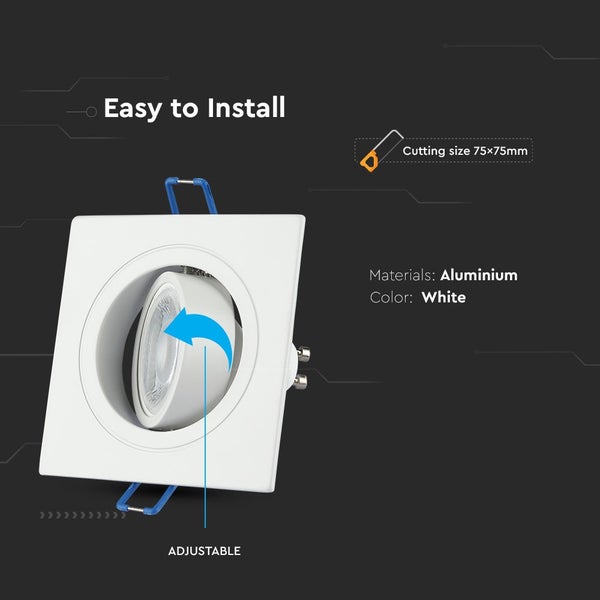 Quadratische LED-Einbauleuchte aus weißem Aluminium, schwenkbar, Einbaumaß 75 mal 75 Millimeter.