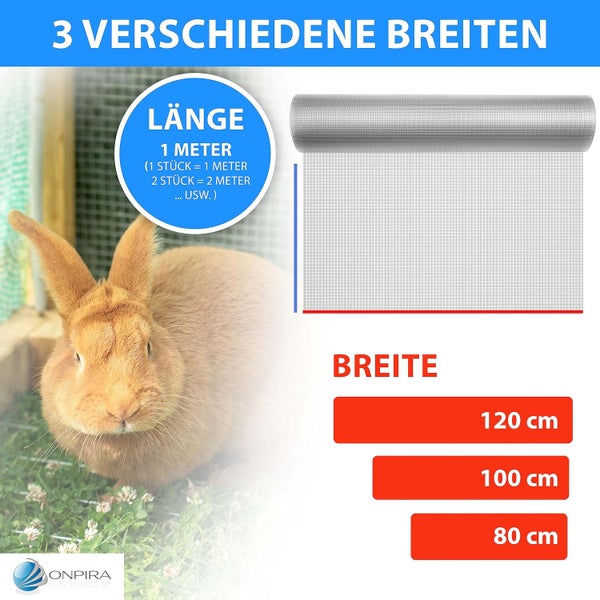 Drahtgeflecht für Tiergehege auf Rolle in den Breiten 80, 100 und 120 Zentimeter bei einer Länge von 1 Meter. Onpira Logo.