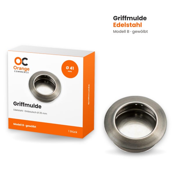 Runde Griffmulde aus Edelstahl, Modell B gewölbt, mit einem Außendurchmesser von 41 Millimeter und einem Einbauloch von 35 Millimeter Durchmesser.