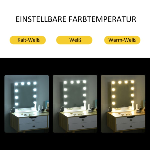 HOMCOM Hollywood Spiegel mit Beleuchtung, Schminkspiegel für Schminktisch,Theaterspiegel Kosmetikspiegel mit Licht 3 Farbtemperatur, mit USB 12 LED Licht