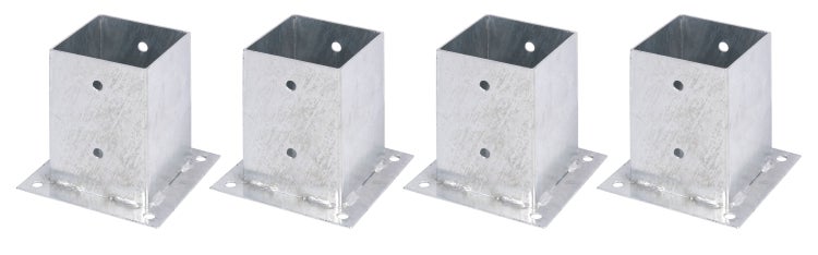 Set mit vier quadratischen Pfostenträgern aus verzinktem Stahl zum Aufschrauben für Holzpfosten.