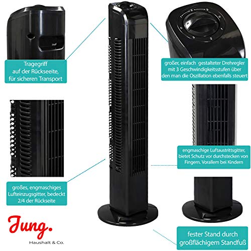 Schwarzer Turmventilator mit Griff, Drehregler, Lufteinlassgitter und Standfuß.