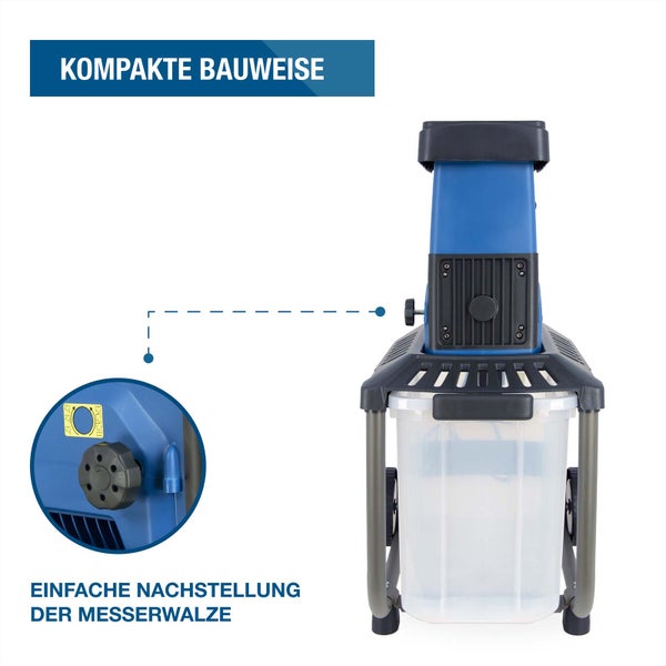 Walzenhäcksler mit kompakter Bauweise und Detailansicht des Einstellrads zur einfachen Nachstellung der Messerwalze.