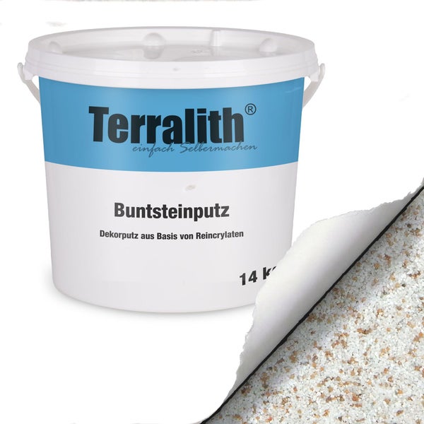 Terralith Buntsteinputz im Eimer, Dekorputz auf Basis von Reincrylaten