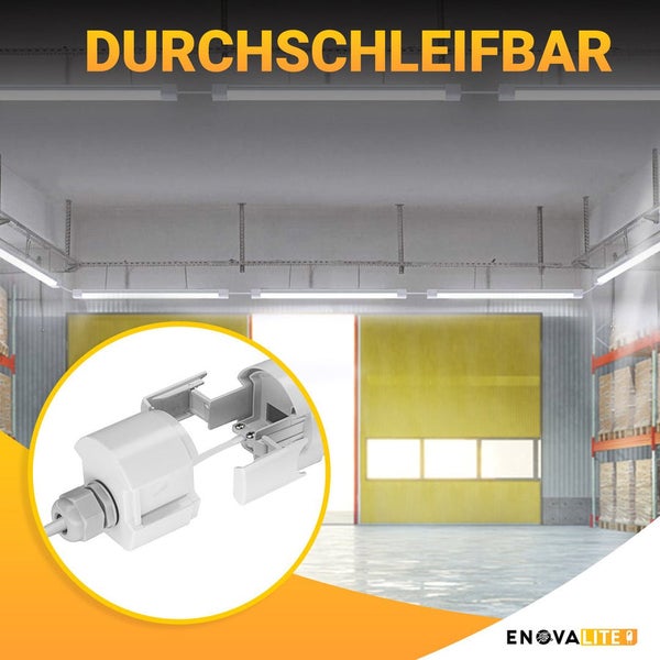 EnovaLite Logo. Durchschleifbare LED-Leuchten in einer Lagerhalle mit einem Verbinder im Vordergrund.