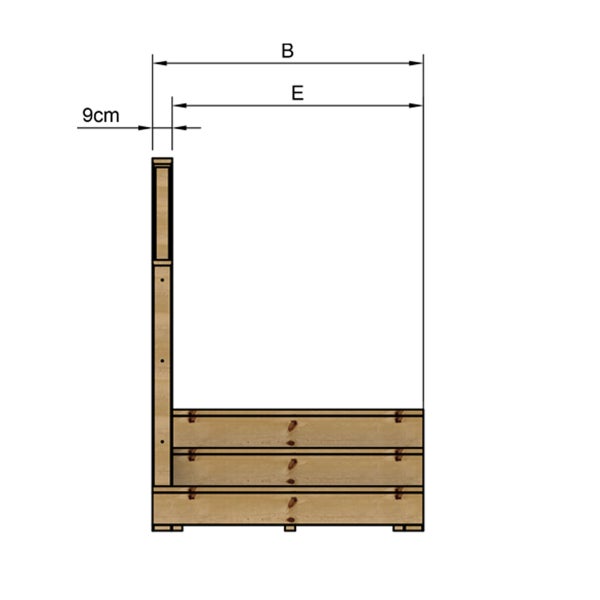 Diagramm eines Holzhochbeets mit Maßangaben