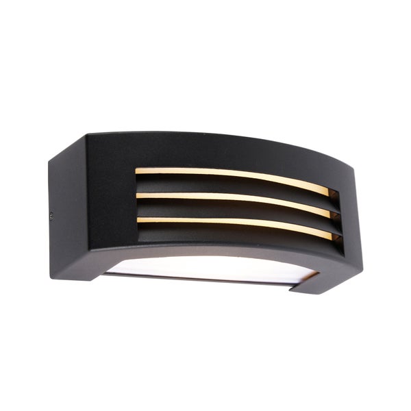 Moderne LED-Außenwandleuchte in Schwarz, rechteckig gebogen mit drei Lichtschlitzen und Lichtaustritt nach unten.