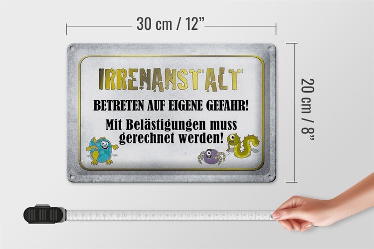 Blechschild Spruch 30x20cm Irrenanstalt betreten Gefahr