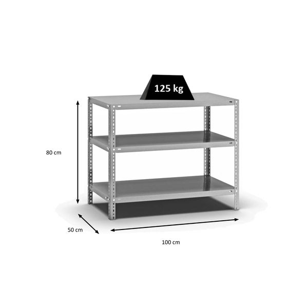 PROREGAL Fachbodenregal Schraubsystem Light-Duty Grundregal HxBxT 80 x 100 x 50 cm 3 Ebenen Fachlast 125 kg Beidseitig Nutzbar Verzinkt