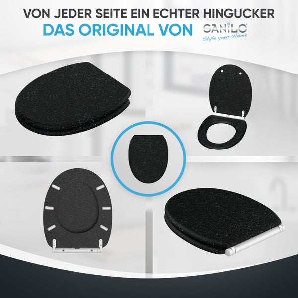 Sanilo WC-Sitz in Schwarz mit Glitzer-Effekt in verschiedenen Ansichten, Sanilo Logo.