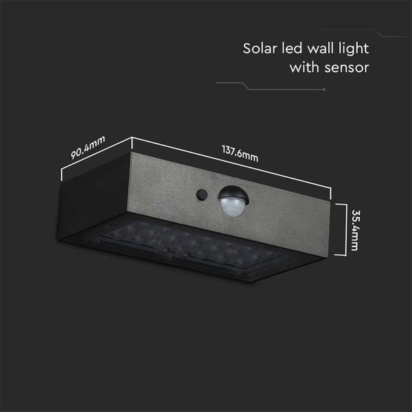 V-TAC VT-403-B - Solar-Wandleuchten - Sensor - IP65 - Schwarzes Gehäuse - 3 Watt - 350 Lumen -