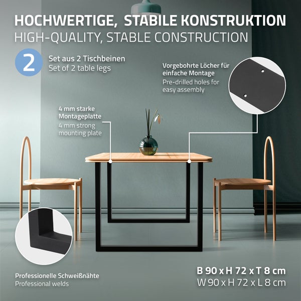 ECD Germany 2x Tischbeine aus Vierkantprofilen, 90 x 72 cm, Schwarz, pulverbeschichtete Stahl, Industriedesign, Metall Tischkufen Tischuntergestell Tischgestell Möbelfüße, für Esstisch Schreibtisch