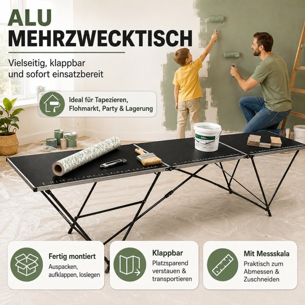 Klappbarer Aluminium Mehrzwecktisch mit Messskala für Heimwerkerprojekte wie Tapezieren, ideal zum platzsparenden Verstauen und Transportieren.