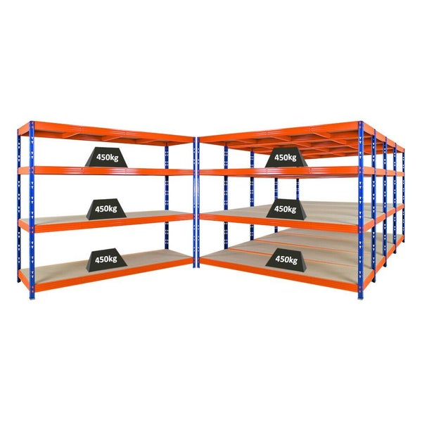 PROREGAL Mega Deal 5x Profi Schwerlastregal Rhino, HxBxT 180x240x60cm, 4 Spanplatten-Ebenen 8mm, Fachlast 450kg, Blau/Orange