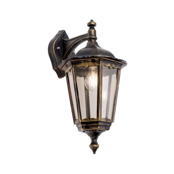 Klassische Außenwandleuchte im Laternenstil aus Metall und Glas mit antikem Finish.