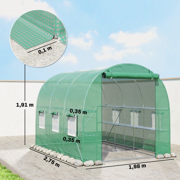 Folien-Gewächshaus mit Metallgestell und Maßen: Höhe 1,91 Meter, Länge 2,75 Meter, Breite 1,98 Meter. Bodenlasche 0,1 Meter, Fenster 0,35 Meter.