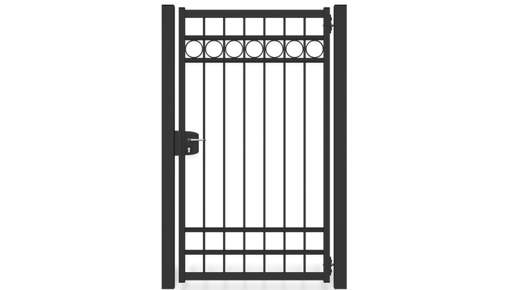 Gartentor ZAUNGURU BASIC-Linie Oldenburg Kreis aus Metall, Höhe: 183cm, Breite: 123cm, 1-flügelig inkl. Pfosten, Schloss und Zubehör, Feuerverzinkt und in RAL 7016 Anthrazitgrau pulverbeschichtet