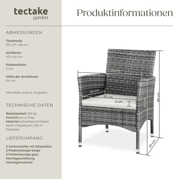 2er Set Rattanstuhl tectake Nantes 59 x 57 x 85 cm widerstandsfähig grau/hellgrau