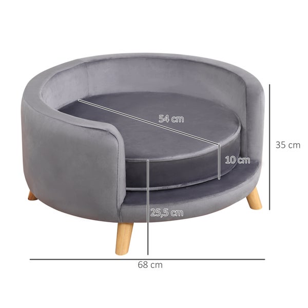 PawHut Hundesofa, Haustiersofa mit Samtoptik, Katzensofa mit Kissen, Hundebett, Hundecouch mit Erhöhtem Design, Hundesessel mit Holzbeine, Grau, 68 x 68 x 35 cm