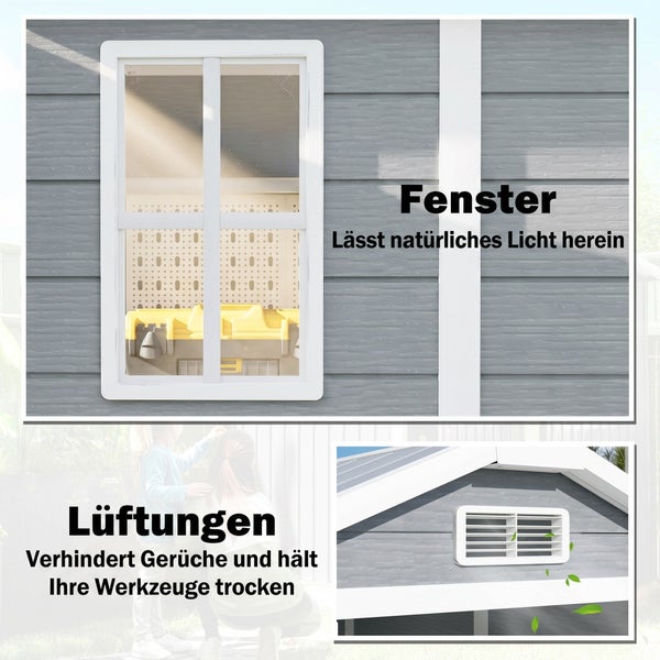 Gartenhaus mit integriertem Fenster für natürlichen Lichteinfall und Lüftungsschlitzen zur Belüftung und Trockenhaltung der Werkzeuge.