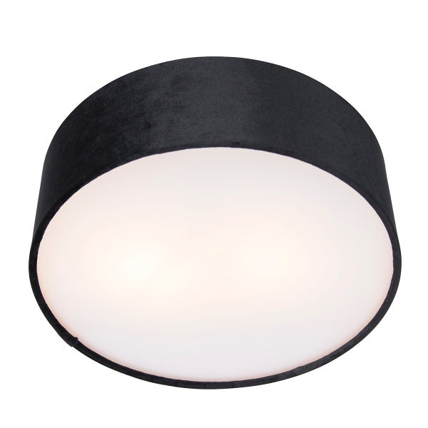 Runde Deckenleuchte mit schwarzem Textilschirm und weißem Diffusor.