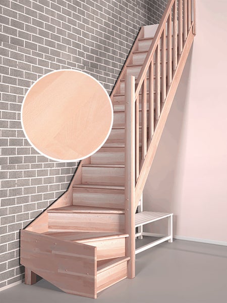 HandyStairs geschlossene Viertelwendeltreppe „Vega80“ – rechts – 280 cm hoch – 13 Kiefernholzstufen – mit Handlauf