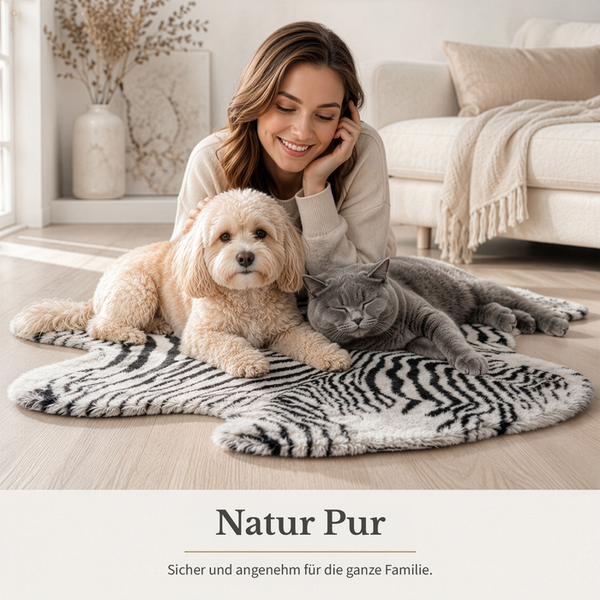 Wohnszene mit Frau, Hund und Katze auf einem Webpelzteppich in Zebramuster-Optik in einem hellen Wohnzimmer.