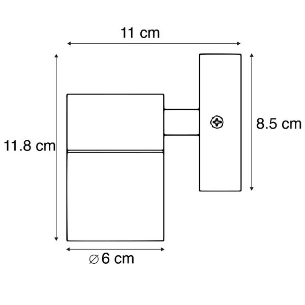Maßzeichnung einer Wandleuchte mit Abmessungen: Breite 11 Zentimeter, Höhe 11,8 Zentimeter, Durchmesser 6 Zentimeter, Wandhalterung 8,5 Zentimeter.