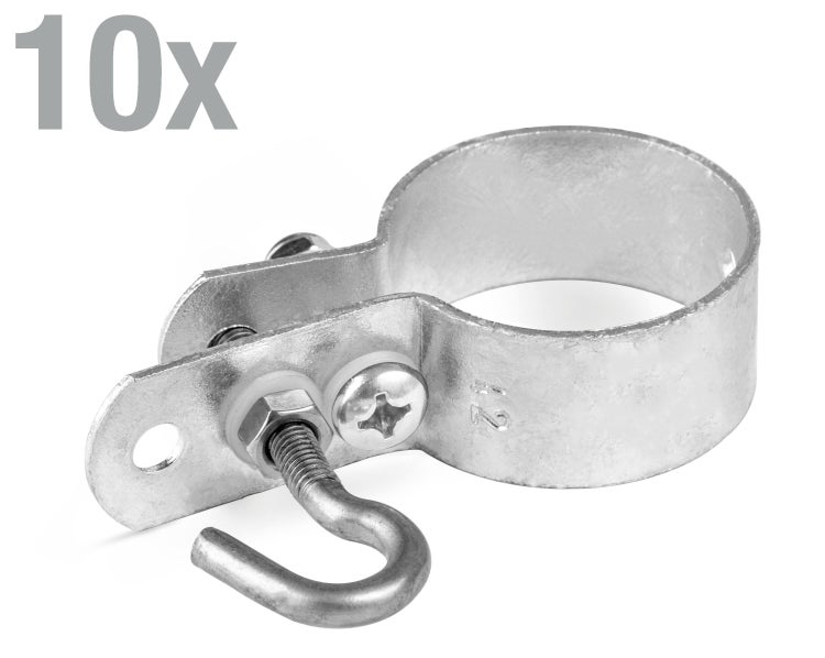 Set aus zehn Rohrschellen mit Haken aus verzinktem Stahl zur sicheren Befestigung von Rohren.