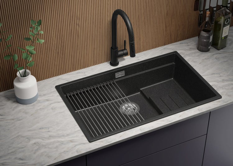 PRIMAGRAN Granitspüle Anthrazit 76x47cm, Spülbecken 1 Becken + Küchenarmatur 32x20cm + Ablauf-Set + Aufrollbare Abtropffläche, Küchenspüle ab 80er Unterschrank - Praga Slim