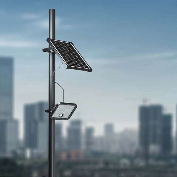 Solarleuchte an einem Mast mit Solarpanel