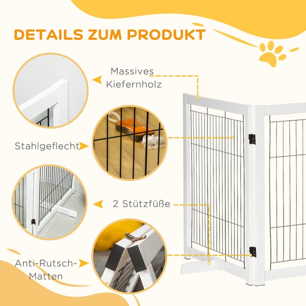 PawHut Türschutzgitter Holz Absperrgitter für Hunde Schutzgitter Hundegitter Sicherheitstür Bidirektionales Falten Stahl Weiß 305 x 35,5 x 82 cm