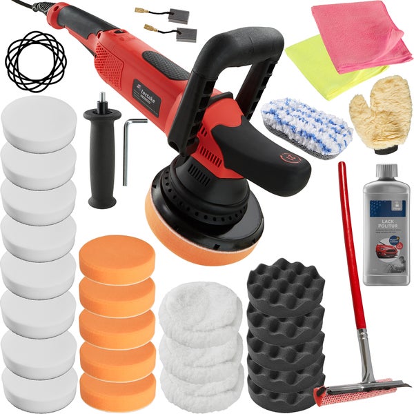 28-teiliges Exzenter Poliermaschinen-Set tectake  inklusive Lackpolitur, 2 Mikrofasertüchern, Wischer, Schwamm, Handschuh und 2 Ersatzkohlen 810 W schwarz/rot