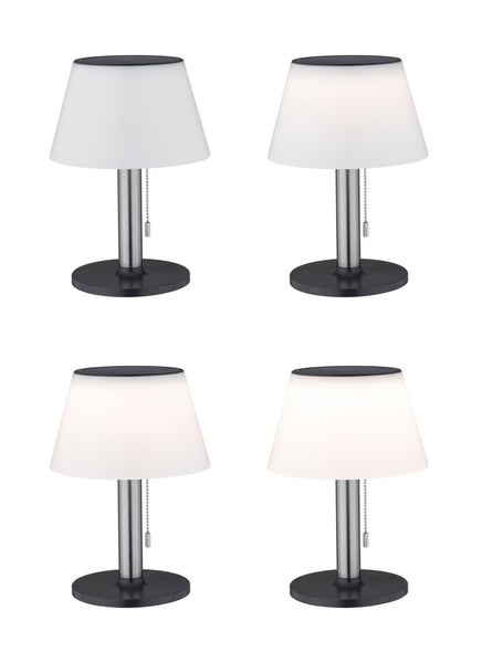 Solar-Tischleuchte mit weißem Schirm, Metallschaft, schwarzem Standfuß und Zugschalter in verschiedenen Helligkeitsstufen.