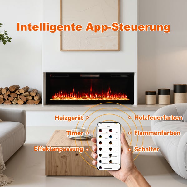 Szene mit elektrischem Kamin und Smartphone-App zur Steuerung von Heizung, Timer, Effekten sowie Holzfeuer- und Flammenfarben