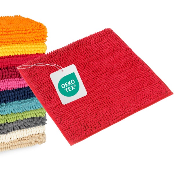 Weiche, strukturierte Badematten aus Chenille-Mikrofaser in verschiedenen Farben mit OEKO-TEX Siegel für Textilsicherheit.