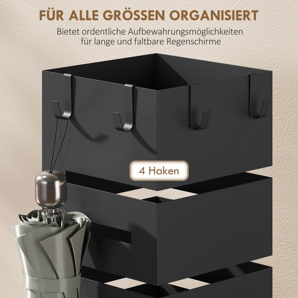 Schwarzer Regenschirmständer aus Metall für alle Größen, mit vier Haken für Taschenschirme und Aufbewahrung für lange Schirme.