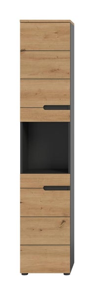 Hochschrank für das Badezimmer in Eichenoptik mit anthrazitfarbenem offenem Fach und integrierten Griffmulden.