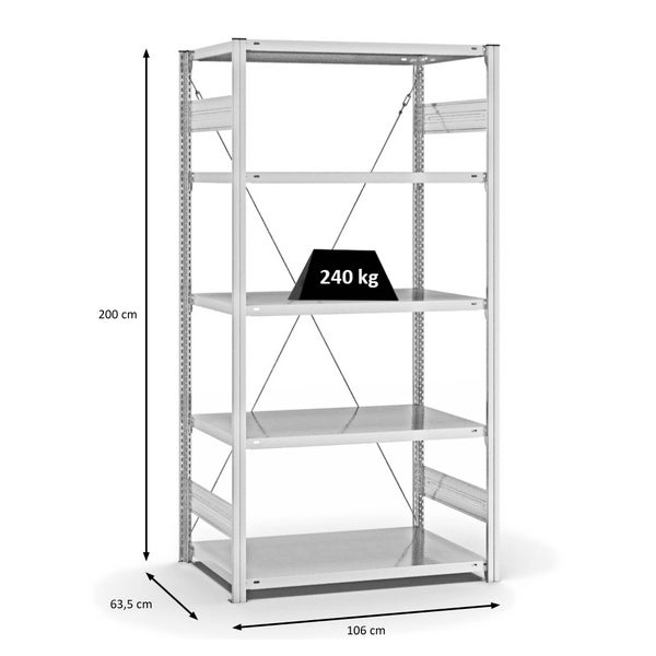 PROREGAL Fachbodenregal Stecksystem T-Profil Medium-Duty Grundregal HxBxT 200 x 100 x 60 cm 5 Ebenen Fachlast 240 kg Einseitig Nutzbar Lichtgrau