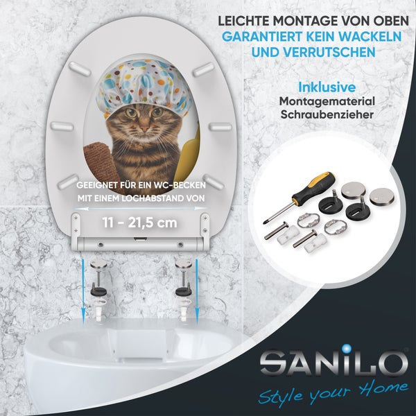 WC-Sitz von Sanilo mit Katzenmotiv, Montagematerial und Schraubenzieher. Geeignet für Lochabstände von 11 bis 21,5 Zentimeter. Sanilo Logo.