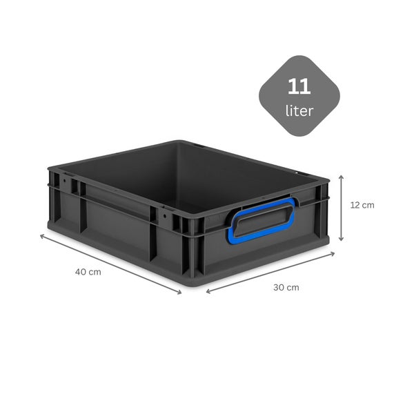 PROREGAL SuperSparSet 5x Eurobox NextGen Color mit Scharnierdeckel und Schiebeschnappverschlüssen, HxBxT 12x30x40cm, 11 Liter, Schwarz, Griffe blau geschlossen, Eurobehälter, Transportbox, Transportbehälter, Stapelbehälter