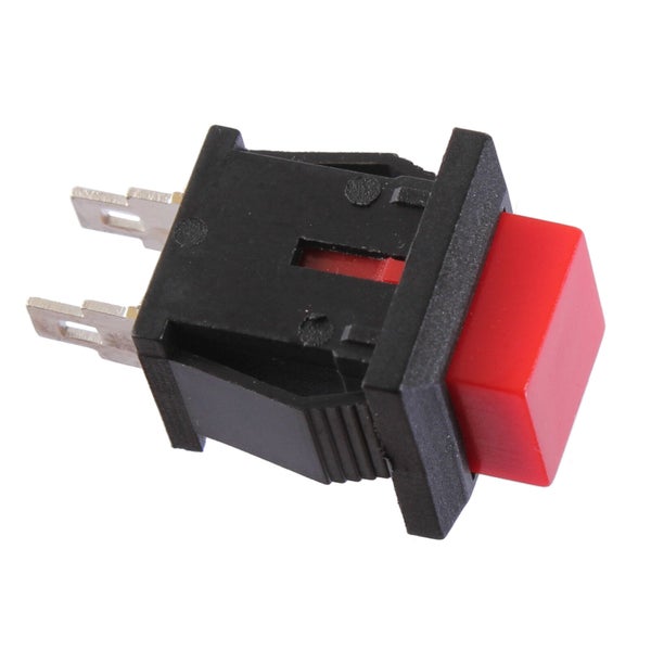 Drucktaster mit quadratischem rotem Knopf, schwarzem Kunststoffgehäuse und zwei flachen Metallanschlüssen.