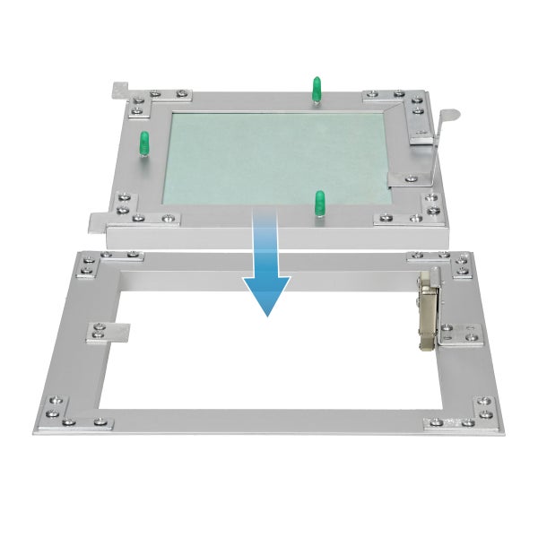 Revisionsklappe aus Aluminium mit Gipskartoneinlage und Einbaurahmen für den Trockenbau. Ein Pfeil zeigt das Einsetzen der Klappe in den Rahmen.